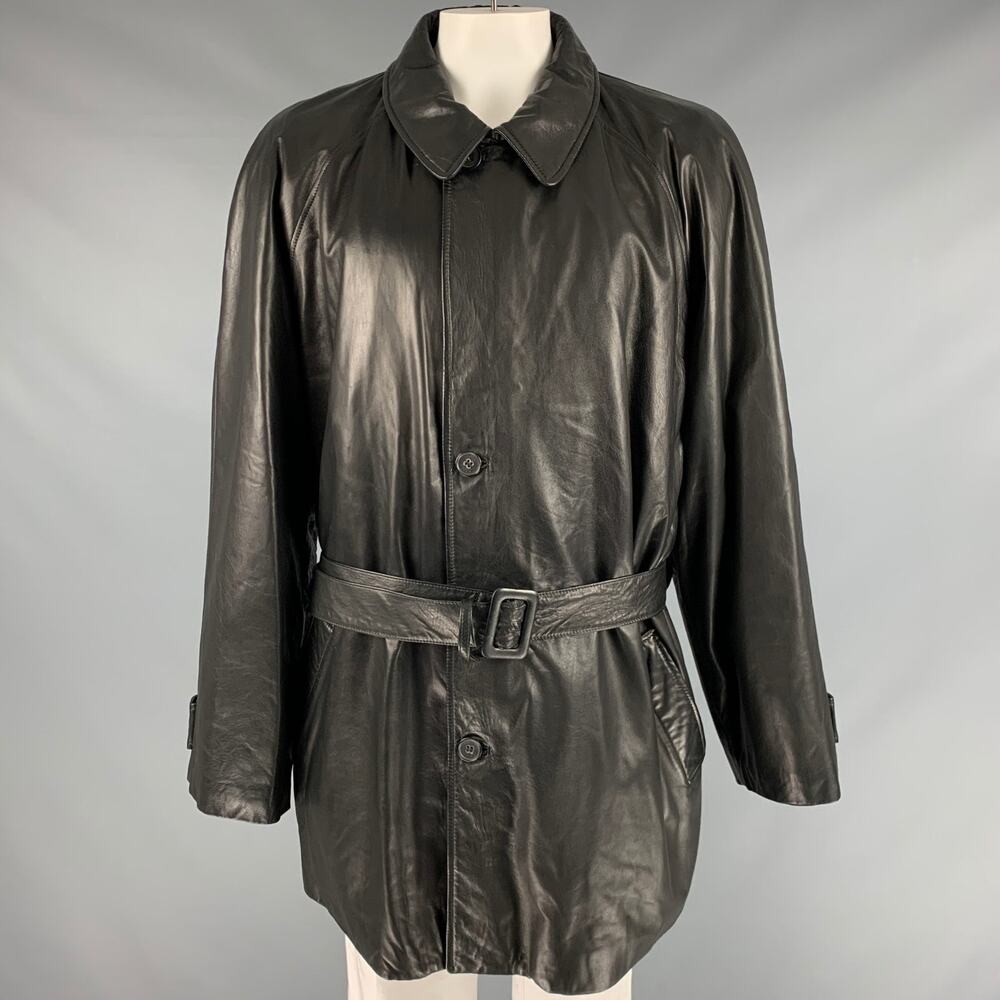 BALLY Size 48 Black Leather Zip Buttons Coat